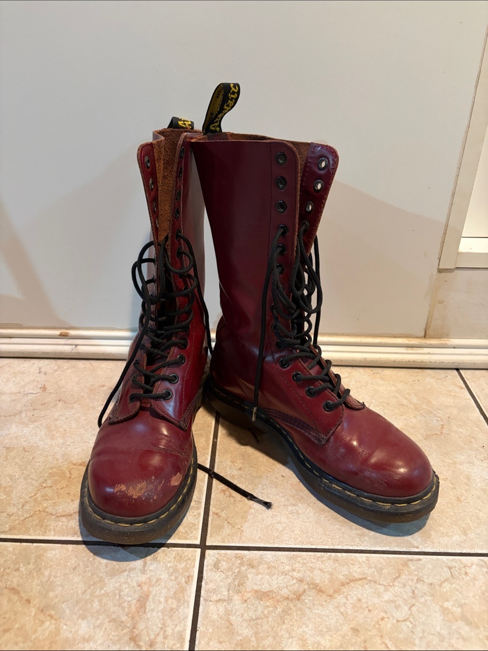 Dr. Martens Burgundy Leather 14-Eye Lace-Up Boots